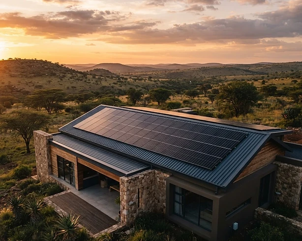Solar panels on the roof of a stone and timber home at golden hour